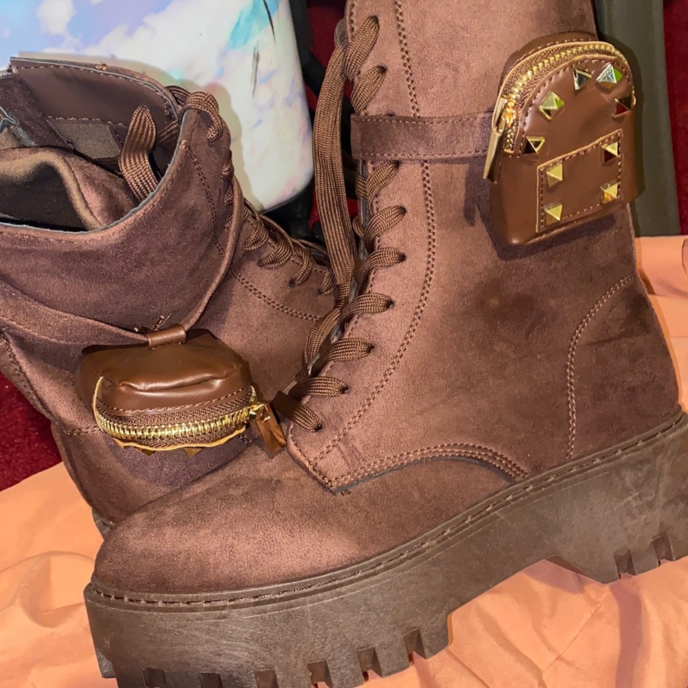 Chocolate Brown Combat Fashion Boots With Mini Purse Attached
